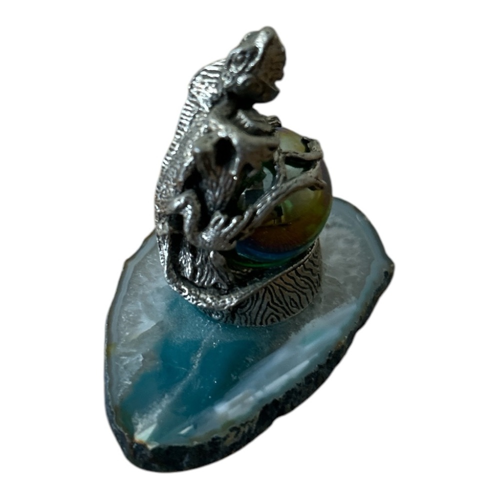 Pewter Lizard On A Slice Of Green Agate With A Crystal Ball Fantasy Mythical